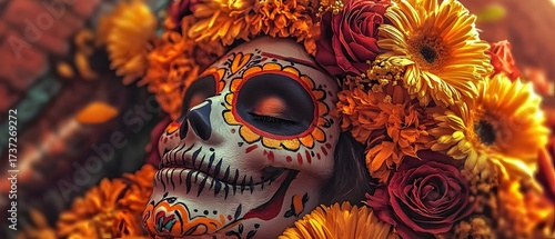 Decorated skull with flowers, altar-style makeup