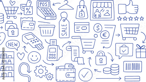 Shopping and Retail Icons Doodle Set on White Background commerce sale