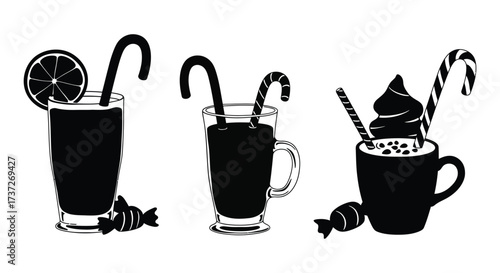 Black and white illustration of hot beverages with sweet treats