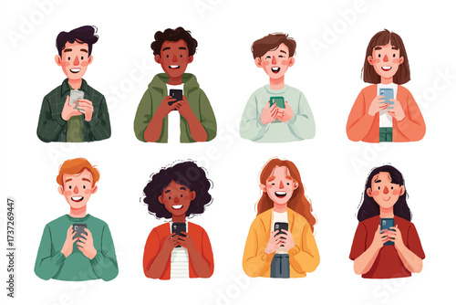 Diverse group of young adults using mobile phones concept of modern communication and social media engagement
