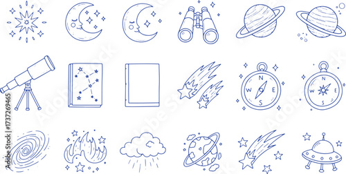 Space and Astronomy Doodle Icons Collection Keywords: space, astronomy, stars, moon, crescent