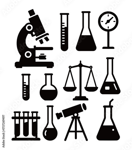 Chemistry and Science Laboratory Equipment Icons Set: Microscope, Flasks, Scales, and Test Tubes