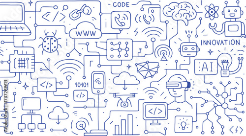 Technology and Digital Innovation Doodle Icons on White Background computer laptop