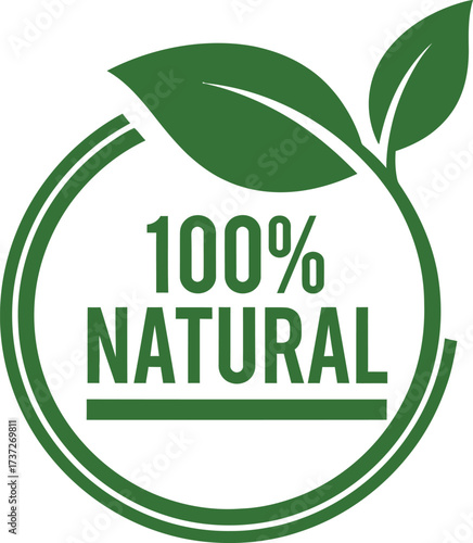 Green 100 Percent Natural Badge with Leaves and Circle on White Background