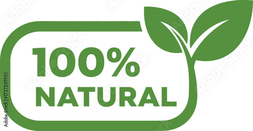 Green 100 Percent Natural Label with Plant Icon on White