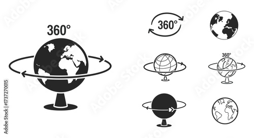 Illustrations of a rotating earth globe in various perspectives and angles