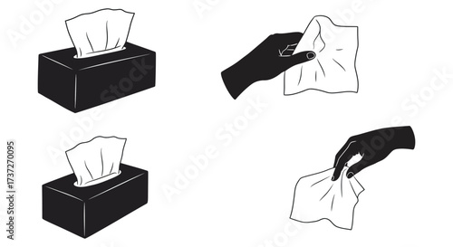 Black and white illustration depicting tissue boxes and hands taking tissues