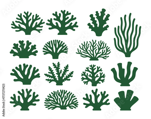 Green Coral and Seaweed Set. Underwater Ocean Plant and Algae Silhouettes. Marine Life Vector Graphic Collection.