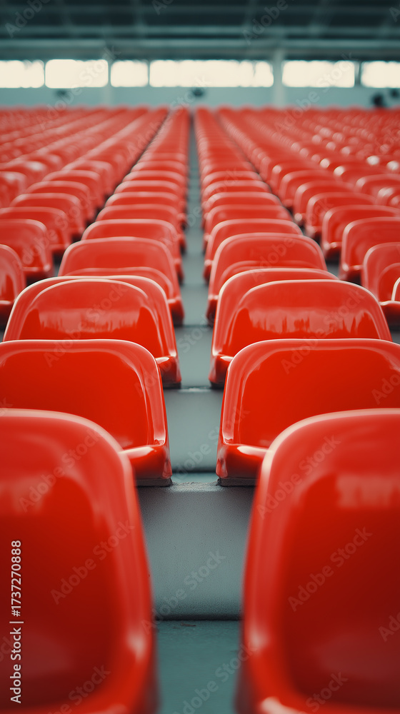 Fototapeta premium Rows of empty red stadium seats in perspective.