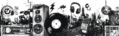 Dynamic Music Scene Illustration Featuring Speakers Headphones Disco Ball and Crowd Perfect for Event Promotion