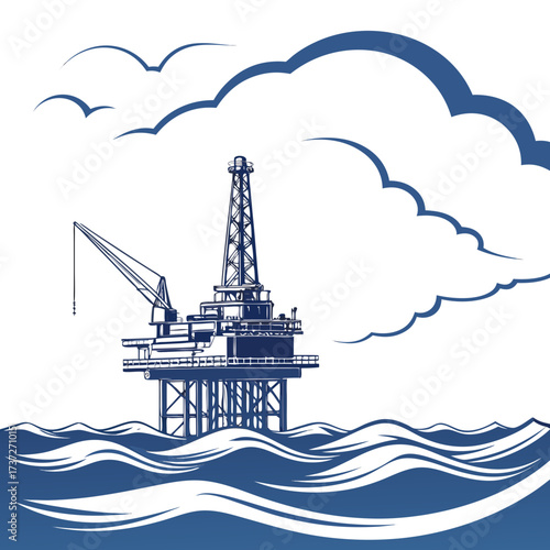 Vector art of detailed illustration of an offshore oil rig platform at sea, surrounded by stylized waves and clouds, , showcasing the complex infrastructure for energy extraction