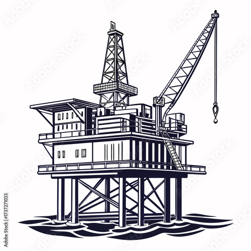 Vector art of offshore oil rig platform, a complex structure for drilling and extracting petroleum from the ocean, showcasing industrial prowess and energy production