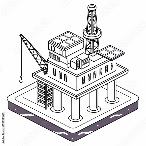 Vector art of isometric offshore oil rig platform, a compact structure for drilling and extracting petroleum, showcasing industrial design and energy production