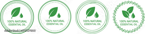 Green Natural Essential Oil Label Set, Leaf and Drop Emblems with Organic Textures