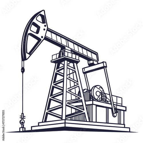 Vector art of monochrome illustration of an oil pump jack depicts the mechanical device used to extract crude oil from a well, showcasing its structure and functionality