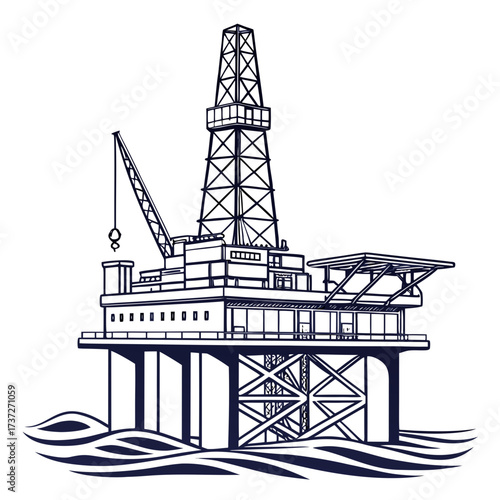 Vector art of offshore oil rig platform, a vital structure for drilling and extracting petroleum from the ocean floor, showcasing engineering and energy production