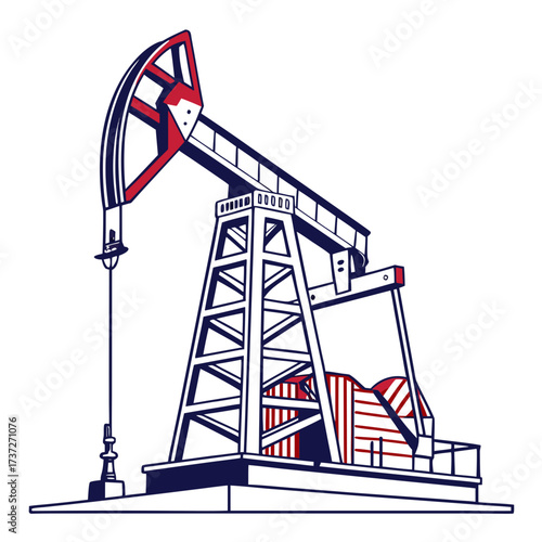 Illustration of an oil pump jack, a mechanical device used to extract crude oil from an oil well, showcasing the industrial equipment and energy production