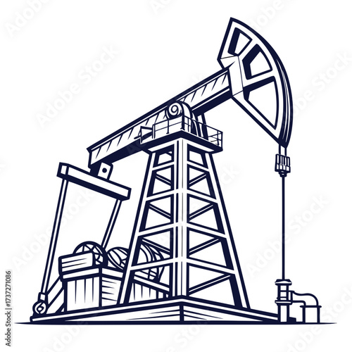 Vector art of monochrome illustration of an oil pump jack depicts the mechanical device used to extract crude oil from a well, showcasing its structure and functionality