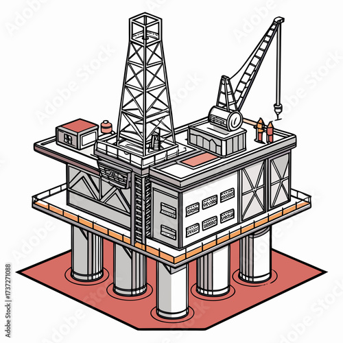 Illustration of an offshore oil rig, a platform used for drilling and extracting oil and gas from beneath the seabed, showcasing the industrial structure