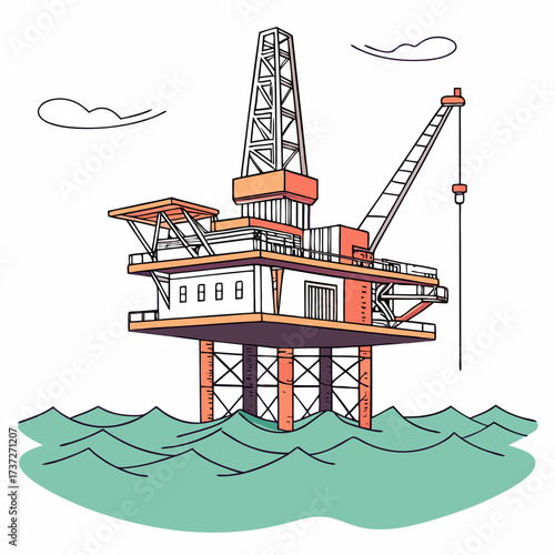 Vector art of offshore oil rig platform, a vital structure for energy production, showcasing the intricate network of pipes, machinery, and drilling equipment used in extraction