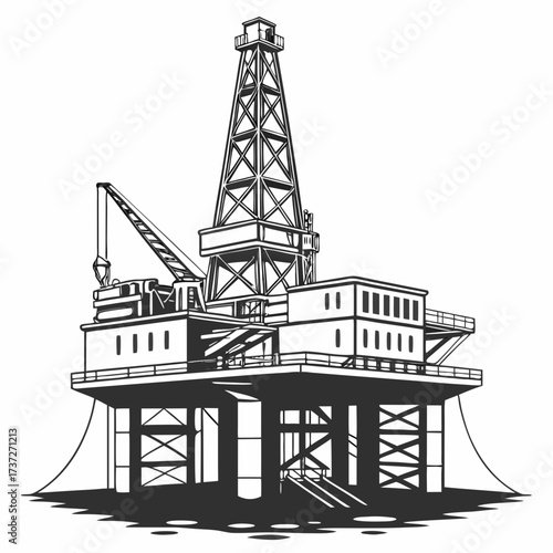 Vector art of offshore oil rig, a towering structure of steel and machinery, stands as a symbol of energy production, with its intricate network of pipes and platforms