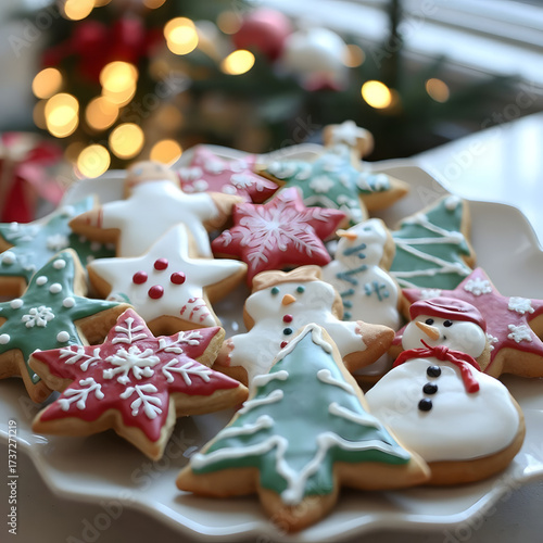 An assortment of decorated Christmas cookies of various shapes (for example, stars, Christmas trees and snowmen) on a white platter, the pattern is made in a minimalistic style and reflects the essenc