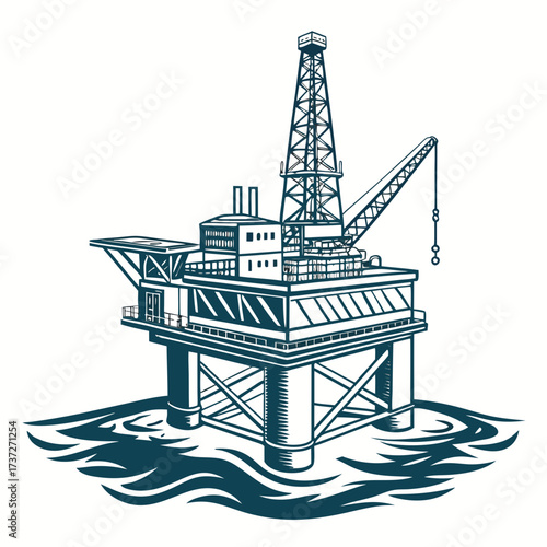 Illustration of an offshore oil rig platform in the sea, , a crucial infrastructure for energy production and resource extraction from the seabed, showcasing engineering