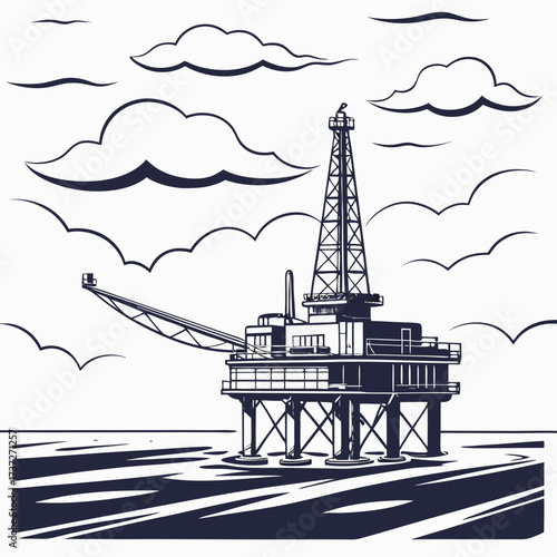 Illustration of an offshore oil rig platform in the sea under a cloudy sky, , representing energy production, resource extraction, and industrial infrastructure