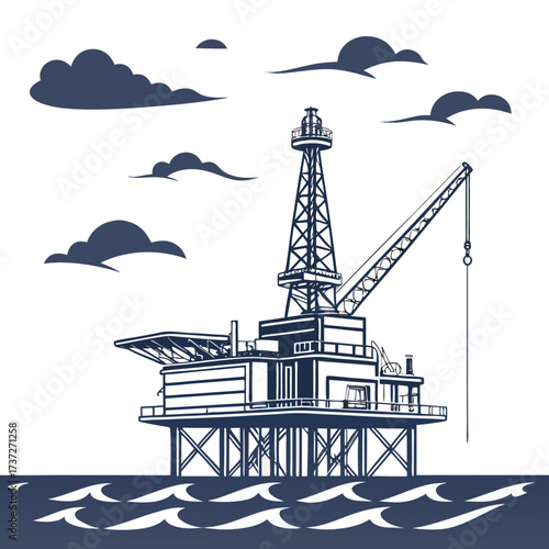 Illustration of an offshore oil rig platform in the sea under a cloudy sky, , symbolizing energy production, resource extraction, and industrial development