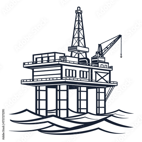 Vector art of detailed illustration of an offshore oil rig platform, a symbol of energy production and marine engineering, depicting the structure above stylized waves