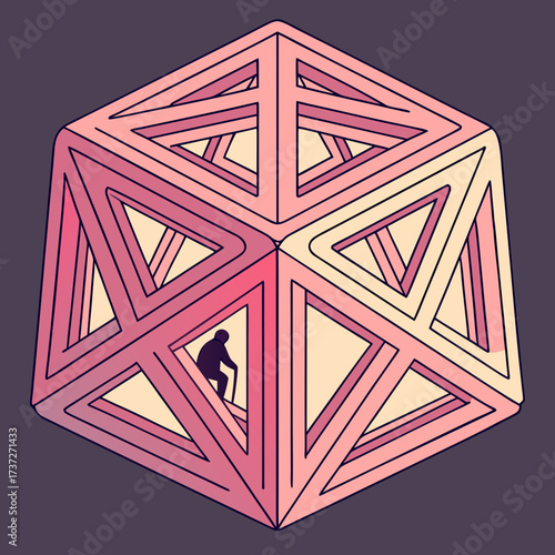 Vector art of a lonely silhouette of an old man with a cane trapped inside a complex geometric structure, symbolizing isolation, confinement, and the challenges of aging in a modern world