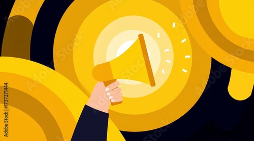 Megaphone announcement with hand holding loudspeaker bright yellow and black circle background symbolizing communication and loud attention grabbing
