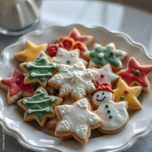 An assortment of decorated Christmas cookies of various shapes (for example, stars, Christmas trees and snowmen) on a white platter, the pattern is made in a minimalistic style and reflects the essenc