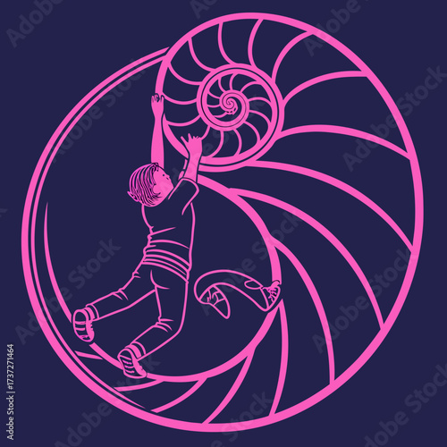 Vector art of a child reaches for the center of a nautilus shell, symbolizing the pursuit of inner peace and selfdiscovery, set against a dark blue backdrop, evoking a sense of wonder and exploration