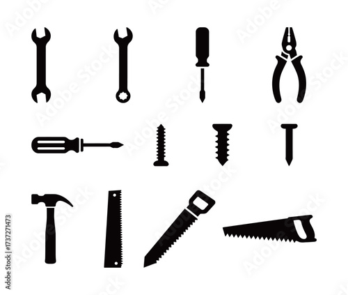 Hand Tools Silhouettes Set. Vector Collection of Wrench, Screwdriver, Saw, Hammer, Pliers, Screws, and Nails Icons.
