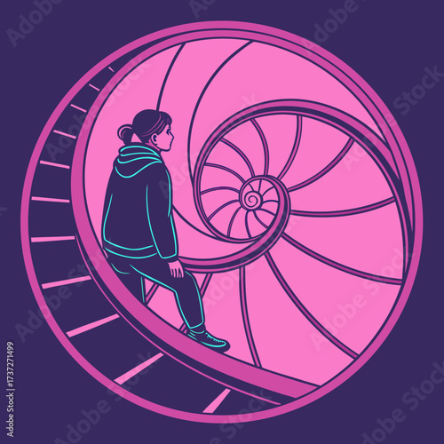 Vector art of a person sits within a nautilus shell, contemplating the cyclical nature of life and the journey of selfdiscovery, rendered in pink and purple tones, symbolizing introspection