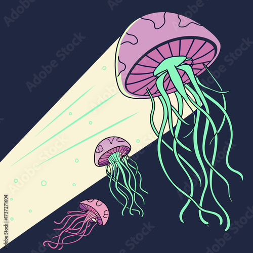 Vector art of a captivating illustration features jellyfish floating in a beam of light, creating a dreamy and ethereal atmosphere with a touch of marine mystery and otherworldly charm