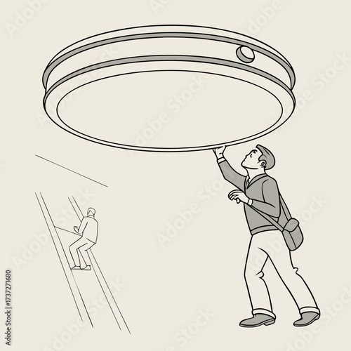 Vector art of a detailed line drawing depicts a man installing a round ceiling light fixture, with another figure on a ladder in the background, showcasing home improvement and electrical work