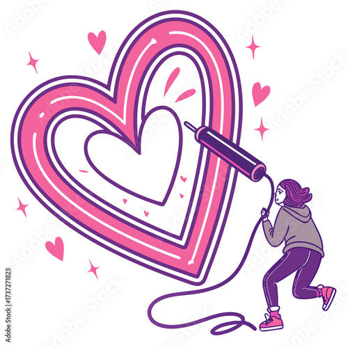 Vector art of a woman uses a tool to create a heart shape, surrounded by stars and hearts, a creative expression of love and artistry