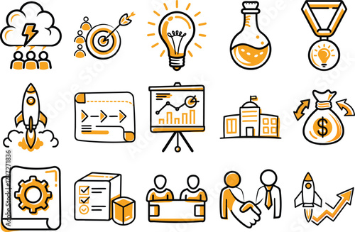 Handdrawn flat startup and innovation doodle icon set – Rocket, idea, research, business growth, funding, teamwork, planning and success vector collection