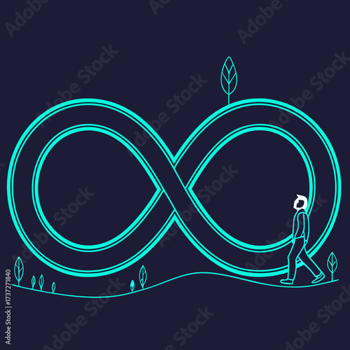 Vector art of a serene cyan infinity symbol landscape featuring a lone figure walking towards a tree, set against a deep navy backdrop, symbolizes the journey of life and the pursuit of growth