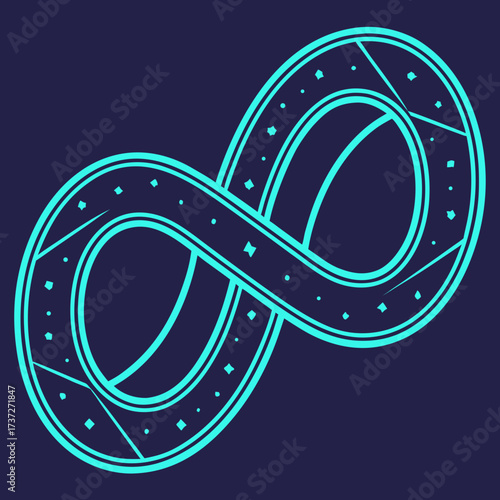 Vector art of a mesmerizing cyan infinity symbol adorned with geometric patterns and sparkling diamonds, set against a deep navy backdrop, evokes a sense of endless possibilities and timeless elegance