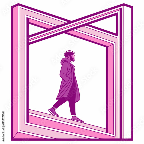 Vector art of a man walking through a portal, stepping into a new dimension, exploring the unknown, embracing change, and seeking new opportunities