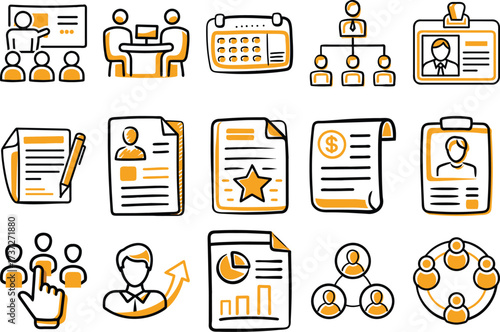 Handdrawn flat HR management doodle icon set – Human resources, recruitment, employee, resume, organization, leadership, performance and teamwork vector collection