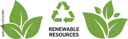 Green Renewable Resources Leaves Icon Recycle Symbol on White Background