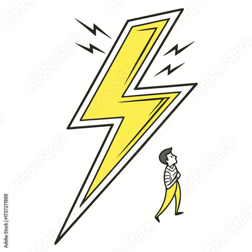 Vector art of a man is walking away from a giant lightning bolt, feeling the pressure of the situation, facing the consequences, and trying to find a solution