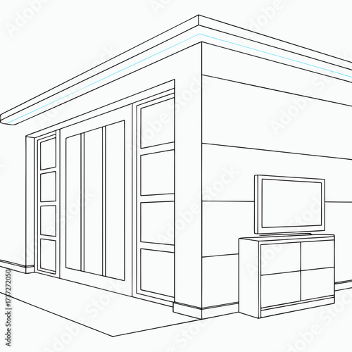 Vector art of a minimalist line drawing of a modern living room interior, featuring a tv set, cabinet, and sliding door, perfect for architectural visualization and design projects