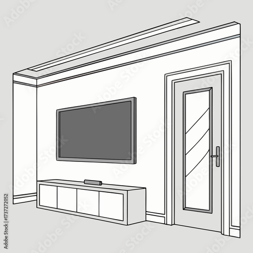Vector art of a modern living room with a tv, media console, and door is shown in a line drawing with a
