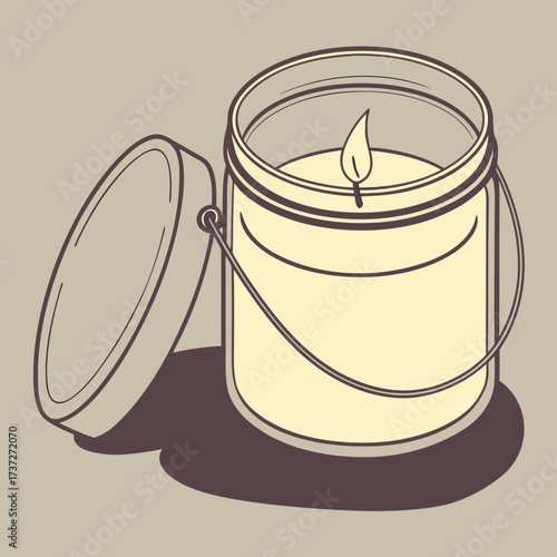 Vector art of a charming illustration of a lit candle in a glass jar with the lid resting beside it, casting a soft shadow, perfect for adding a cozy and warm touch to any design project