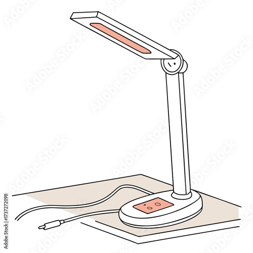 Illustration of a modern desk lamp with adjustable arm and touch controls, casting a warm glow on a desk surface, perfect for adding a touch of contemporary style